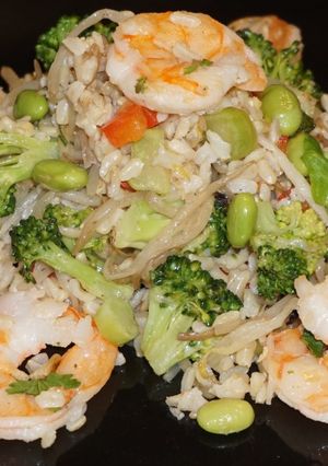 A picture of Stir-Fried Shrimp with Brown Rice, Broccoli, and Edamame.