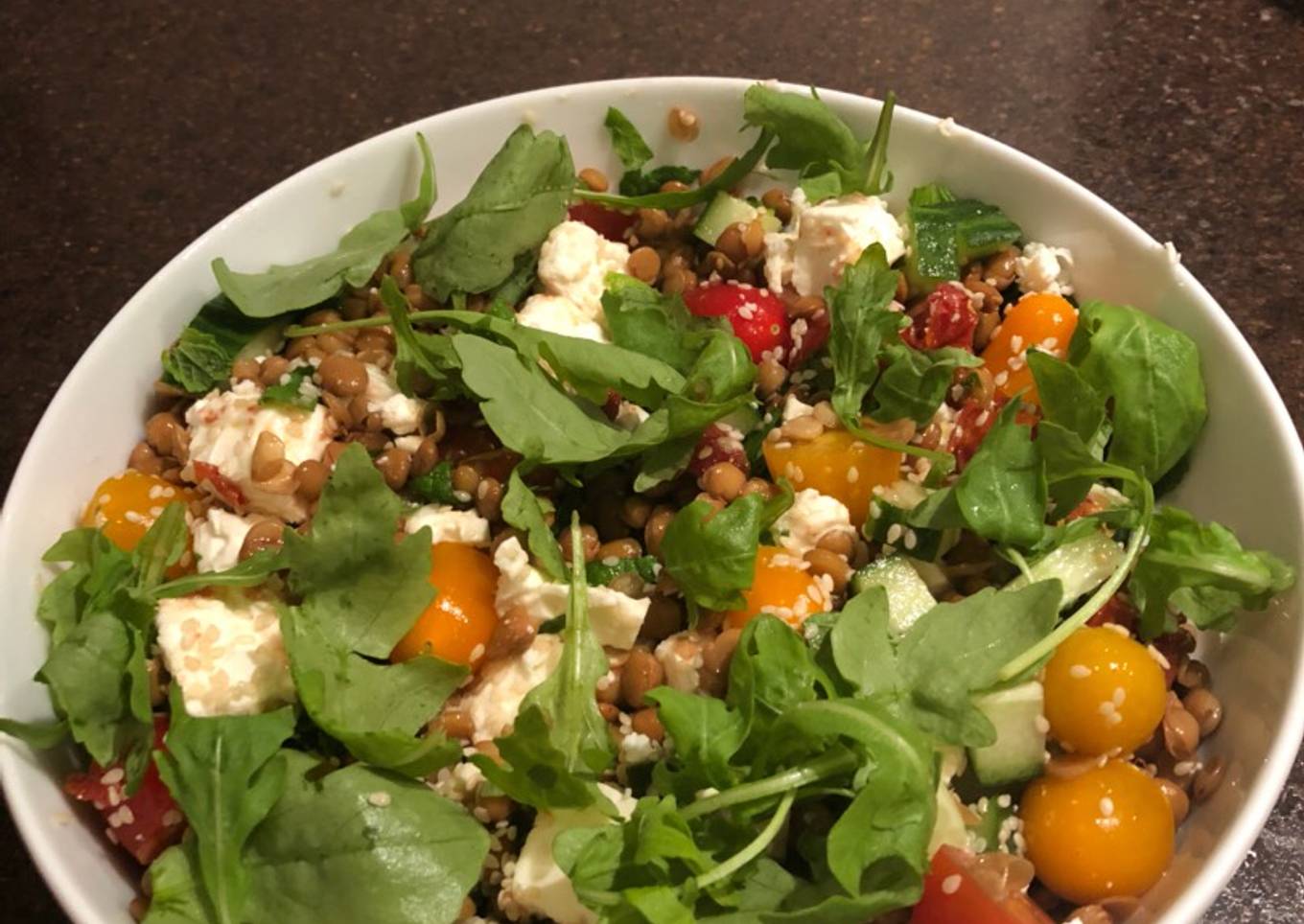 Lentil, tomato and feta salad