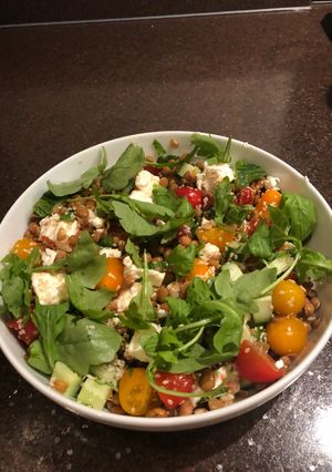 A picture of Lentil, tomato and feta salad.
