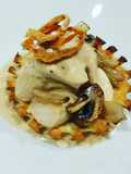 Fricasse de pollo con chalotas y champiñones glaseados