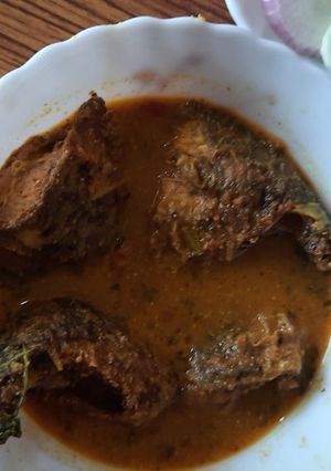 A picture of Fish curry with rice.