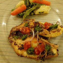A picture of Pan Fried Fish with mix Vegetables.