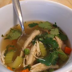 A picture of Lou's noodleless chicken noodle soup.