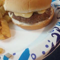 A picture of Cheddar Melt Burger and Fries.