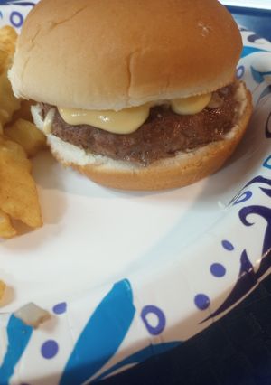 A picture of Cheddar Melt Burger and Fries.