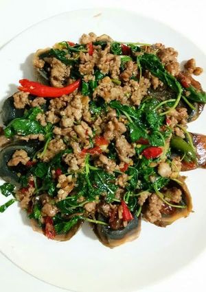A picture of Stir-Fried Minced Pork with Holy Basil and Century Eggs.