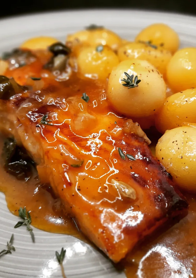Una foto de Salmón en salsa de miel y mostaza con patatas