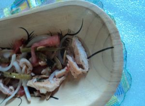Una foto de Ensalada de nopales Correa, pollo asado y champiñones ranchera con vinagreta de chiles rojos frescos