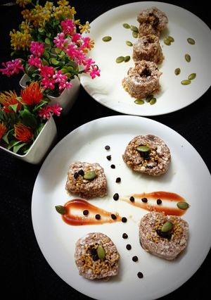 A picture of Nachos stuffed Sandesh.