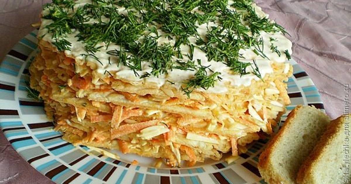 Рецепт закусочного торта с вафельными коржами и курицей