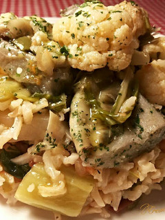 Una foto de Arroz largo con judías verdes, alcachofas y coliflor