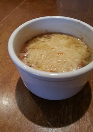 A picture of "Baked French Onion" Soup.