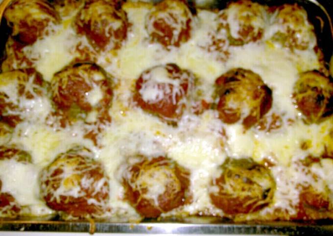 Recipe of Quick Vermont Cheddar Stuffed Meatballs with baked spaghetti.