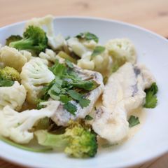 A picture of Monkfish with Cauliflower & Spring Onions In Creamy Wine Sauce.