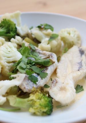 A picture of Monkfish with Cauliflower & Spring Onions In Creamy Wine Sauce.