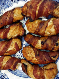 A picture of Honey chicken wrapped in bacon.