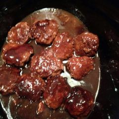 A picture of bbq ,& grape jelly meat balls.