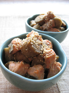 A picture of Salmon and Burdock Root Stewed in Sesame Seed and Miso sauce.