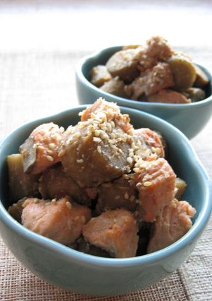 A picture of Salmon and Burdock Root Stewed in Sesame Seed and Miso sauce.