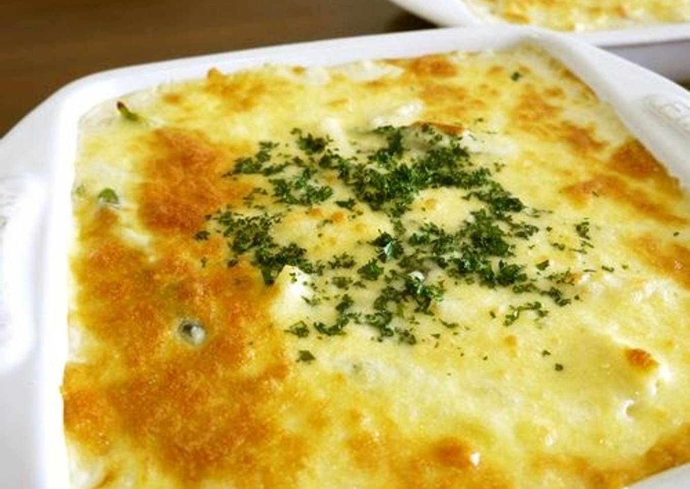 Seafood gratin with homemade soup