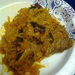 A picture of Woodears cooked with pork and sauerkraut.