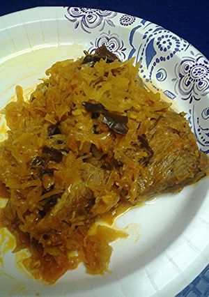 A picture of Woodears cooked with pork and sauerkraut.