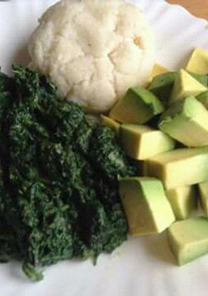 A picture of Spinach/ugali/avacodo.