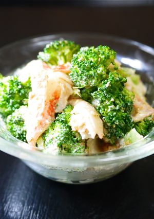 A picture of Microwave Broccoli and Imitation Crab with Sesame Mayo Salad.