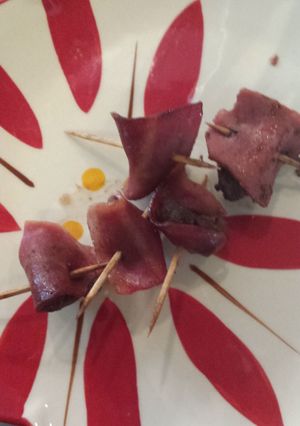 A picture of (Turkey) Bacon wrapped (Elk) steak.