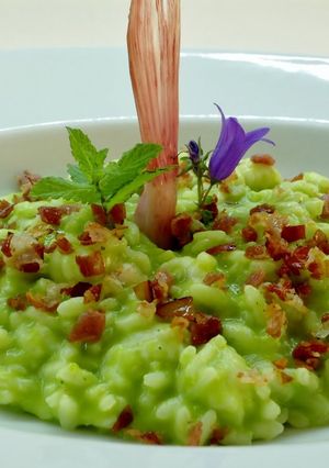 Foto di Risotto con coda di rospo, crema di piselli, e speck croccante