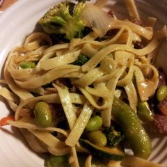 A picture of Fava and Edamame Mixed Veggie Fettuccini.