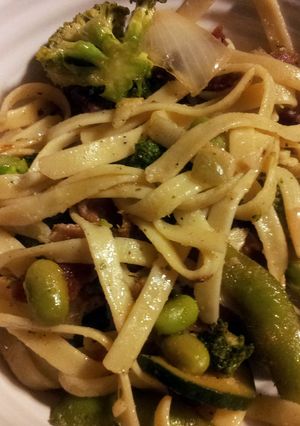 A picture of Fava and Edamame Mixed Veggie Fettuccini.