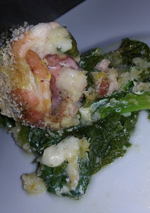 A picture of Chicken Cordon Bleu Bake with Mustard Greens.