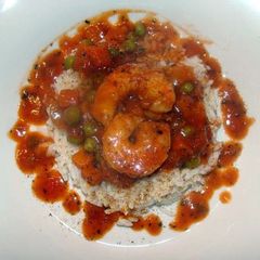 A picture of taisen's spicy shrimp sauce over rice.