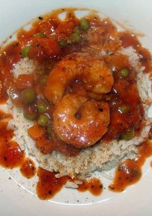 A picture of taisen's spicy shrimp sauce over rice.