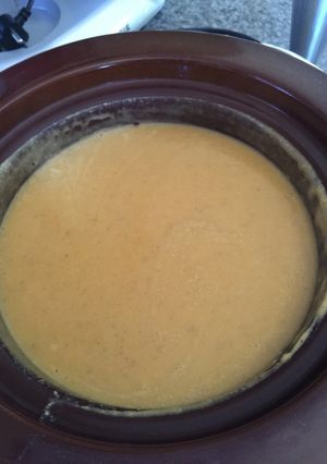 A picture of Creamy Butternut And Sweet Potato Soup In Crockpot.