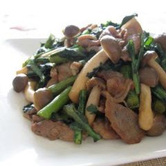 A picture of Pork and Shungiku Chrysanthemum Greens Brown Sugar Stir-Fry.