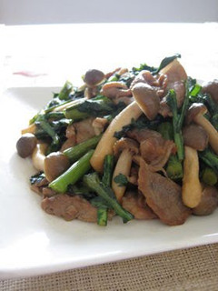 A picture of Pork and Shungiku Chrysanthemum Greens Brown Sugar Stir-Fry.