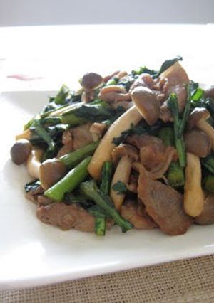 A picture of Pork and Shungiku Chrysanthemum Greens Brown Sugar Stir-Fry.