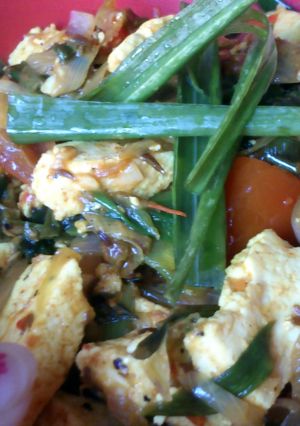 A picture of paneer & spring onions.