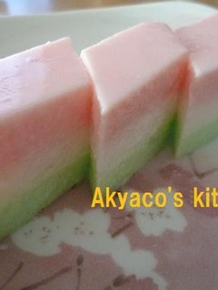 A picture of Tricolored Agar-based Milk Jelly with Shaved Ice Syrup for the Japanese Doll Festival.