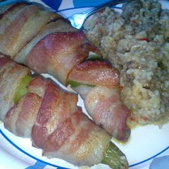 A picture of Bacon Wrapped Pulled Pork and Cream Cheese Stuffed Anaheim Peppers and Sausage and Peppers Rice.