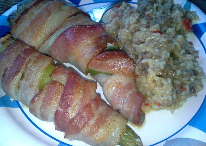 Bacon Wrapped Pulled Pork and Cream Cheese Stuffed Anaheim Peppers and Sausage and Peppers Rice