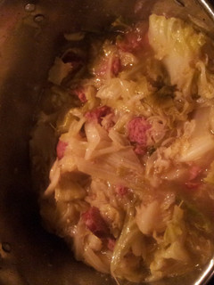 A picture of Cabbage with Turkey sausage.