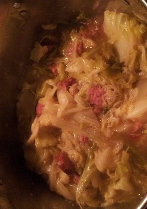 A picture of Cabbage with Turkey sausage.