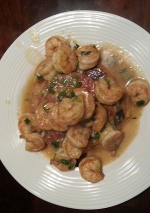 A picture of Cajun Shrimp with Corn Flapjacks.