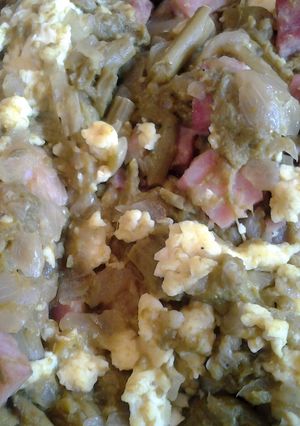 A picture of Sauteed asparagus and ham.