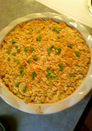 A picture of cheesy hash brown potato casserole.