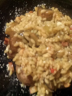 A picture of Meatball risoto with mushrooms.