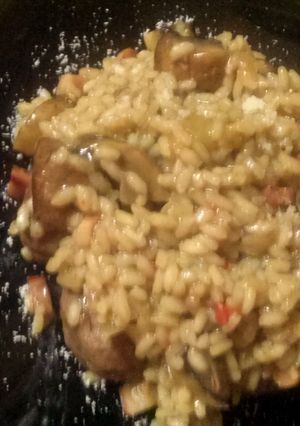 A picture of Meatball risoto with mushrooms.